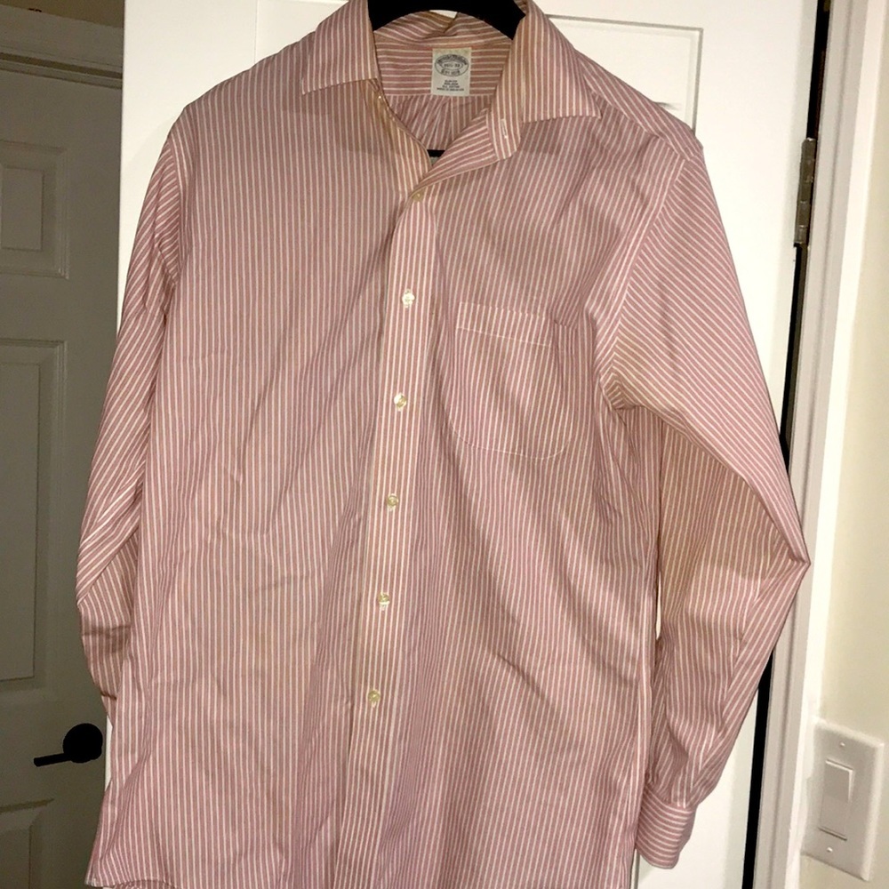 Brooks Brothers Slim-Fit Non-Iron Orange White Striped Dress Shirt Sz 15.5 / 33